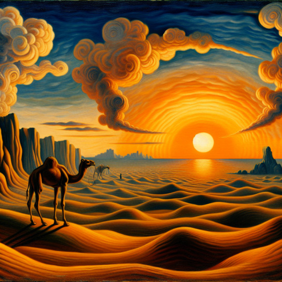 A sunset over a desert landscape with a camel in the foreground